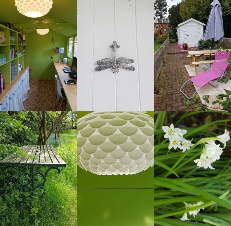 Collage of images of Shed Home office/Charis White Interiors blog